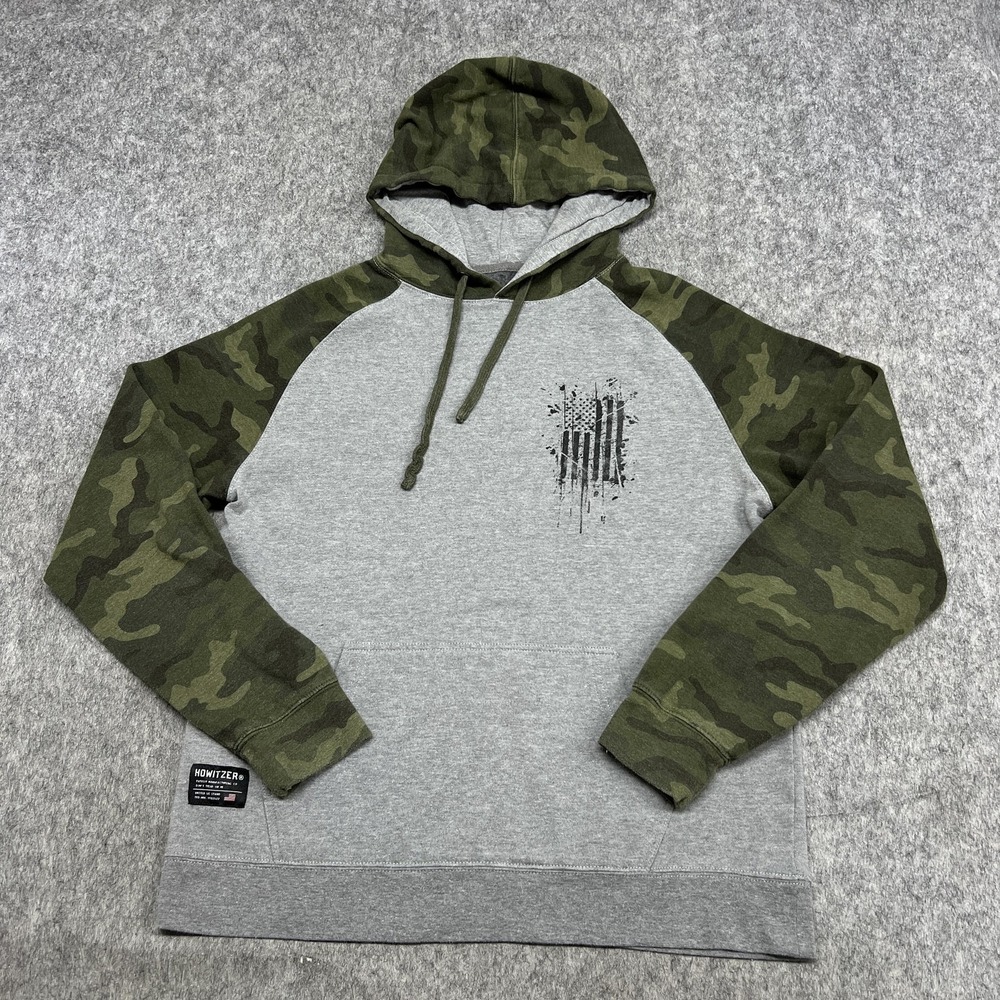 Howitzer Hoodie Mens Small Gray Camo Sleeve American Flag Fleece Pullover